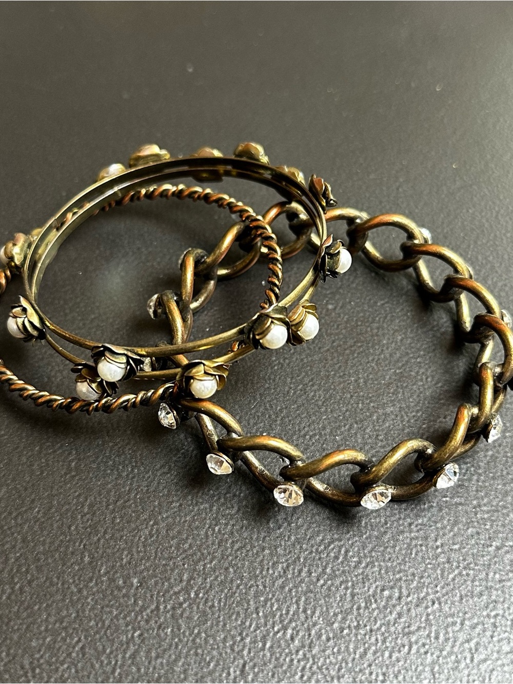 Antique Gold-Tone Link & Floral Crystal Bangle Set